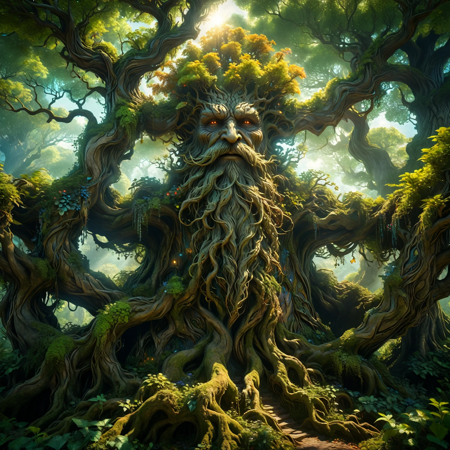 a magical treebeard using nature's power to heal, art nouveau style, ultra-detailed, 8k, highly realistic, dramatic lighting, vivid colors, intricate patterns, organic textures, ethereal atmosphere, fantasy, lush vegetation, glowing magical energy, radiant colors, dramatic shadows and highlights, masterpiece