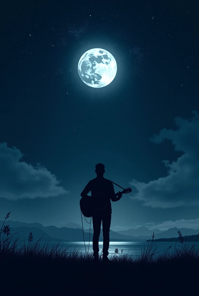 Dark night sky with bright moon and stars under which a men standing at a distance with a guitar, outlines are bright