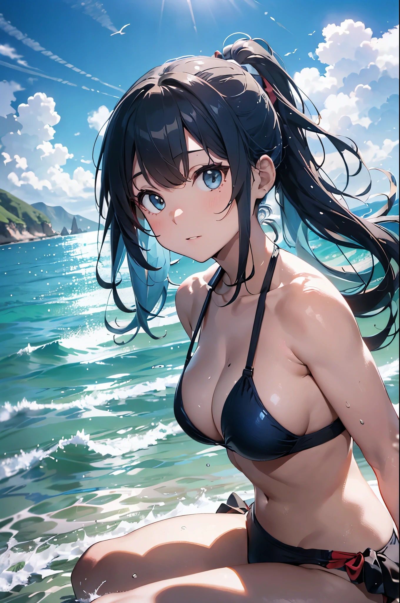 High resolution,topless、
One beautiful young woman,Light blue hair、ponytail、
(Soft Saturation:1.3), (Fair skin:1.2),
(ultra-Detailed Background, Detailed Background), Bokeh,
break&#39;Portrait of a smiling girl.,
When viewed from the front, The composition is symmetrical,
Looking straight at you with serious eyes,
break Swimwear, Red Bikini, Center of chest, 
Outdoor, Sea surface, null, sunlight,Summer beach, Sandy Beach,
Strong light, Front lighting, 
(Teen:1.3), (Cowboy Shot:1.2),
Front brake angle,
View your audience,
Dynamic pose,
sitting on the beach

Seaweed、Seaweed、Seaweed、Seaweed、Seaweed、Seaweed、Seaweed、