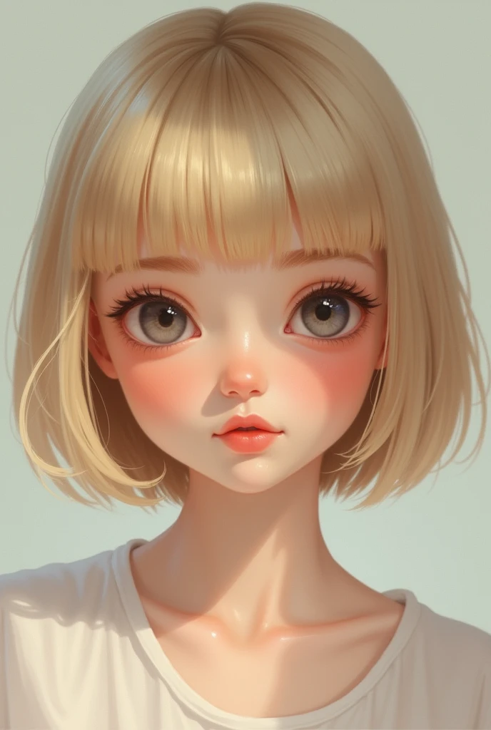 Round face
Short bob hair
Blonde hair
Blunt bangs
Round eyes
Defined round nose
Thin lips
Fair skin
