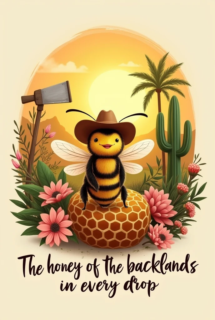 "Draw an Africanized bee, with a cowboy hat, inn in a honeycomb. The bee should have a friendly smile and folded wings, transmitting tranquility. Ao fundo, a stylized saw, with the sun rising, pink flowers, roxas, white and yellow , carnaúba tree and a cactus which are typical plants of the sertão complementing the landscape . Colors should be soft and harmonious, creating a cozy atmosphere. The words 'The honey of the backlands in every drop' should be in a handwritten font, giving a personal touch to the logo."
