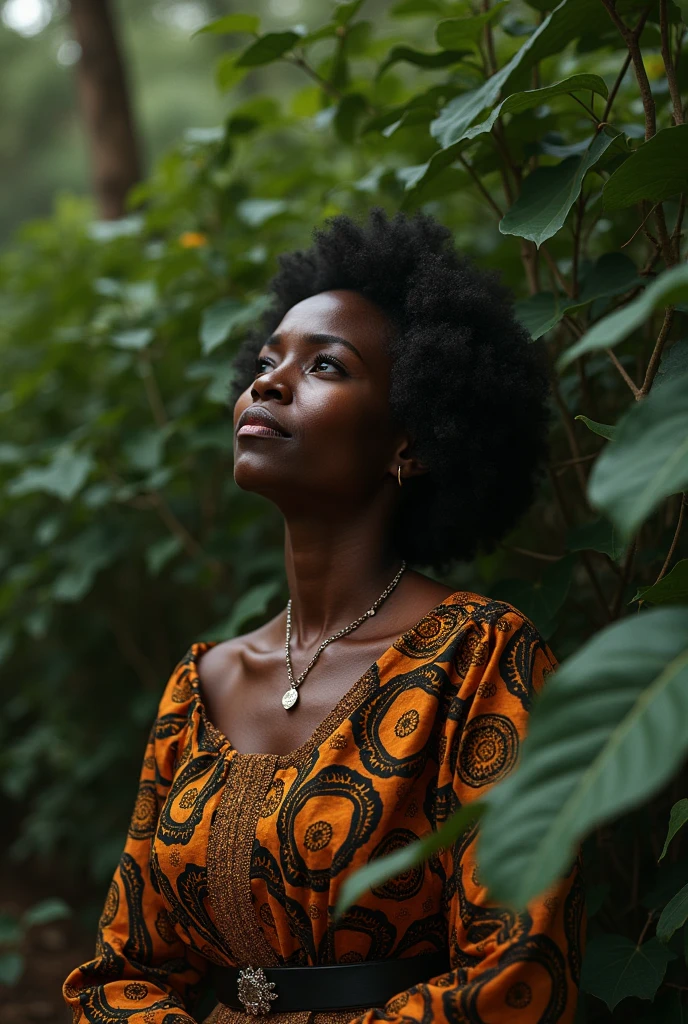 Generate the image of a woman despised, sad, but well dressed in a lonely bushy place and crying there let her breast be covered and chest be covered not clevages showing in a n Africa outlook also like well dressed Christian lady