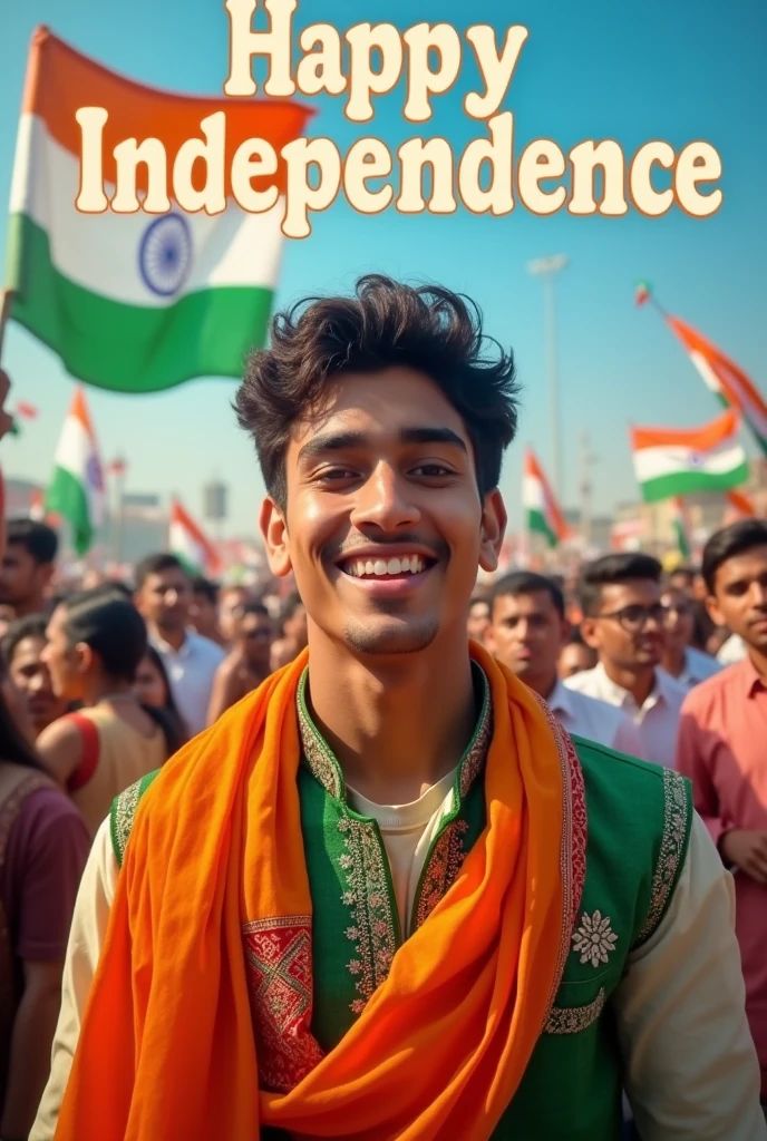 Generate a real-life image of a 21-year-old girl/boy joyfully celebrating Indian Independence Day. The individual is dressed in traditional Indian attire with the name 'shaga.gnaneshwar' prominently displayed on their clothing. The sky above them features the words 'Happy Independence Day' in a bold font. The background is alive with a crowd of people celebrating, creating a vibrant and patriotic atmosphere."