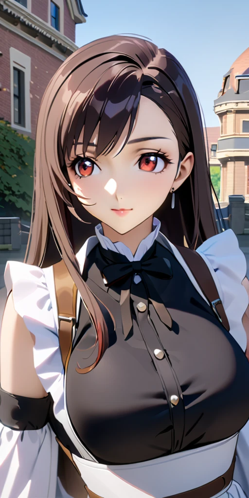 (((((tifa lockhart:1.5))))),((Highest quality、masterpiece、anime style、best quality、high resolution、8k、detailed、ultra-detailed:1.3))、Long legs:1.2, Beautiful woman with perfect figure:1.4、(Smiling:1.2), double eyelid、30-year-old female、((((One Woman,beautiful face,Beautiful face、Outdoor,upper body:1.5)))),Big Breasts、High resolution, accurate, Anatomically correct, High-resolution model, high quality, Very detailed, Ultra high definition、Black Hair、Straight Hair、Long Hair、swimwear、maidコスチューム、Mansion、maid、maidユニフォーム
