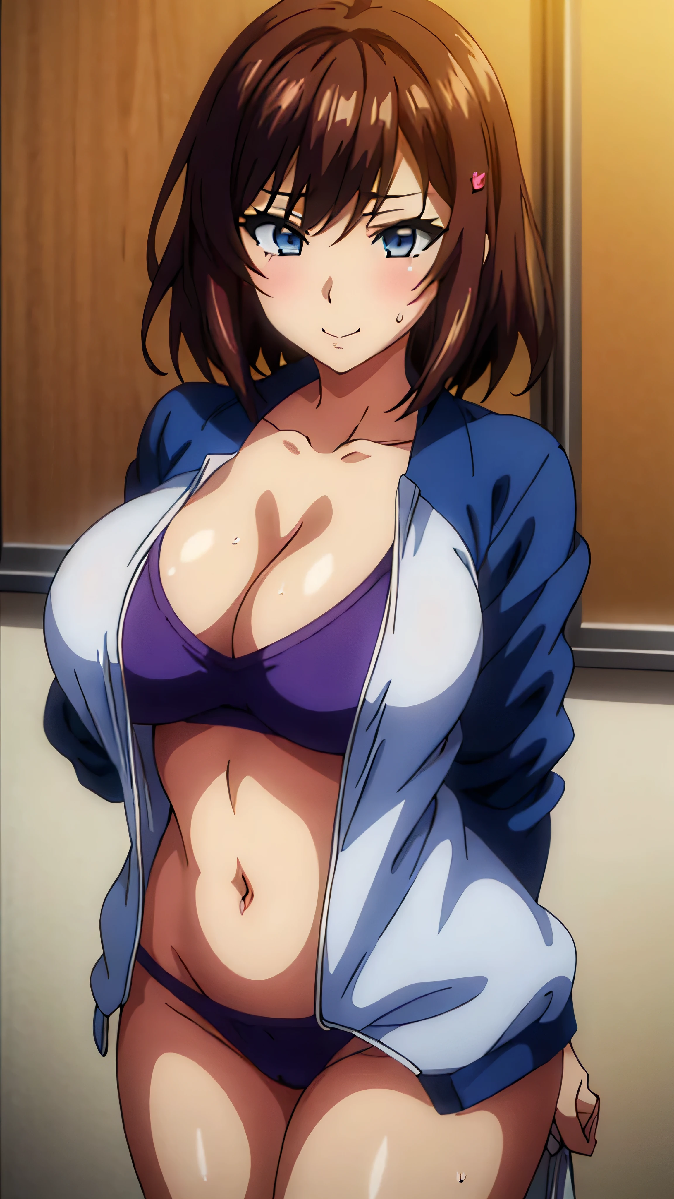 (((masterpiece))),fuyumi itadori, Anime girl characters, 1girl, solo, looking at viewer, medium hair long sleeves, cleavage, bigger breasts, closed mouth, collarbone, jacket, open clothes, open jacket, blue jacket, ground vehicle, sports bra, tall girl, horny, big ass, beautiful face,Charming,  anime visual of a cute girl, screenshot from the anime film, & her expression is solemn, ahegao face, in the anime film, in an anime, anime visual of a young woman, she has a cute expressive face, still from anime, perfect breasts, she is tall, All bodies visible, ahegao face, the face is ahegao, she is horny, A perverted face, she so perverted, she smile so perverted, hd picture, 4k quality, details of the face is so good,bigger breasts, 