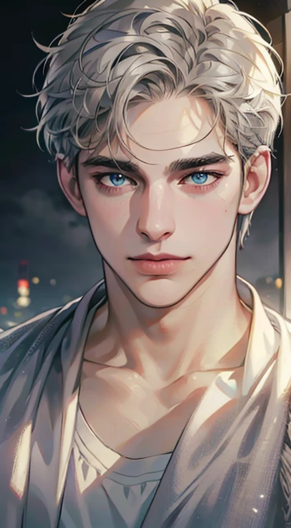 (best quality,4k,8k,highres,masterpiece:1.2),ultra-detailed,(realistic,photorealistic,photo-realistic:1.37),1 man,31 years old,mature man,very handsome,without expression,smile,short grey golden hair,blue eyes,penetrating gaze,perfect face without errors,imposing posture,businessman,office background,cinematic lighting,hdr image