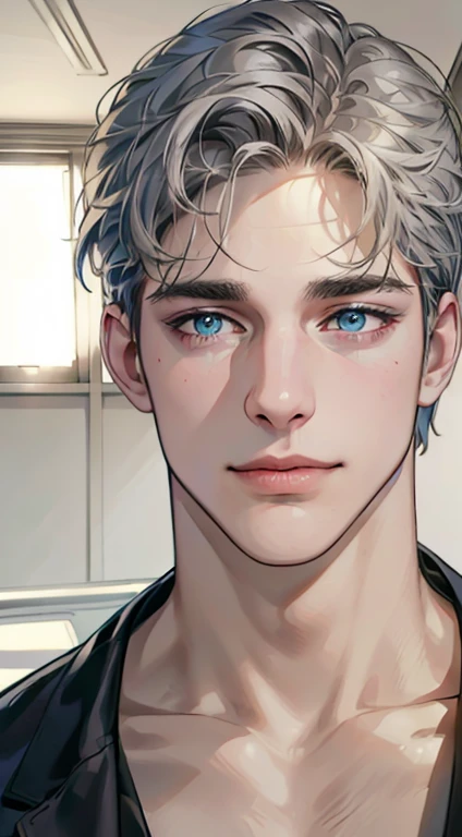 (best quality,4k,8k,highres,masterpiece:1.2),ultra-detailed,(realistic,photorealistic,photo-realistic:1.37),1 man,31 years old,mature man,very handsome,without expression,smile,short grey golden hair,blue eyes,penetrating gaze,perfect face without errors,imposing posture,businessman,office background,cinematic lighting,hdr image