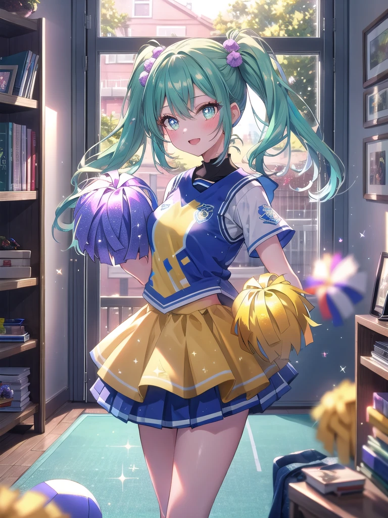 ((8k, Highest quality, masterpiece: 1.3)),Ultra-high resolution,(1 girl, alone), (Color changing eyes, Ultra-detailed, Expressive brilliance, Glitter, Glowing Eyes), Highly detailed eyes, Highly detailed face, Random Hair, ((pastel colour)),A cheerful young woman with pastel green hair styled into pigtails, standing in front of her full-length mirror in her room. The morning light fills the room, creating a fresh and lively atmosphere. She is dressed in a cheerleader cosplay, wearing a blue and white uniform with matching pom-poms. The camera captures her from a mid-angle as she practices her cheer routine, her expression full of energy and enthusiasm. Her room is decorated with sports posters, a small collection of trophies on a shelf, and a yoga mat rolled out in the corner, reflecting her active lifestyle.