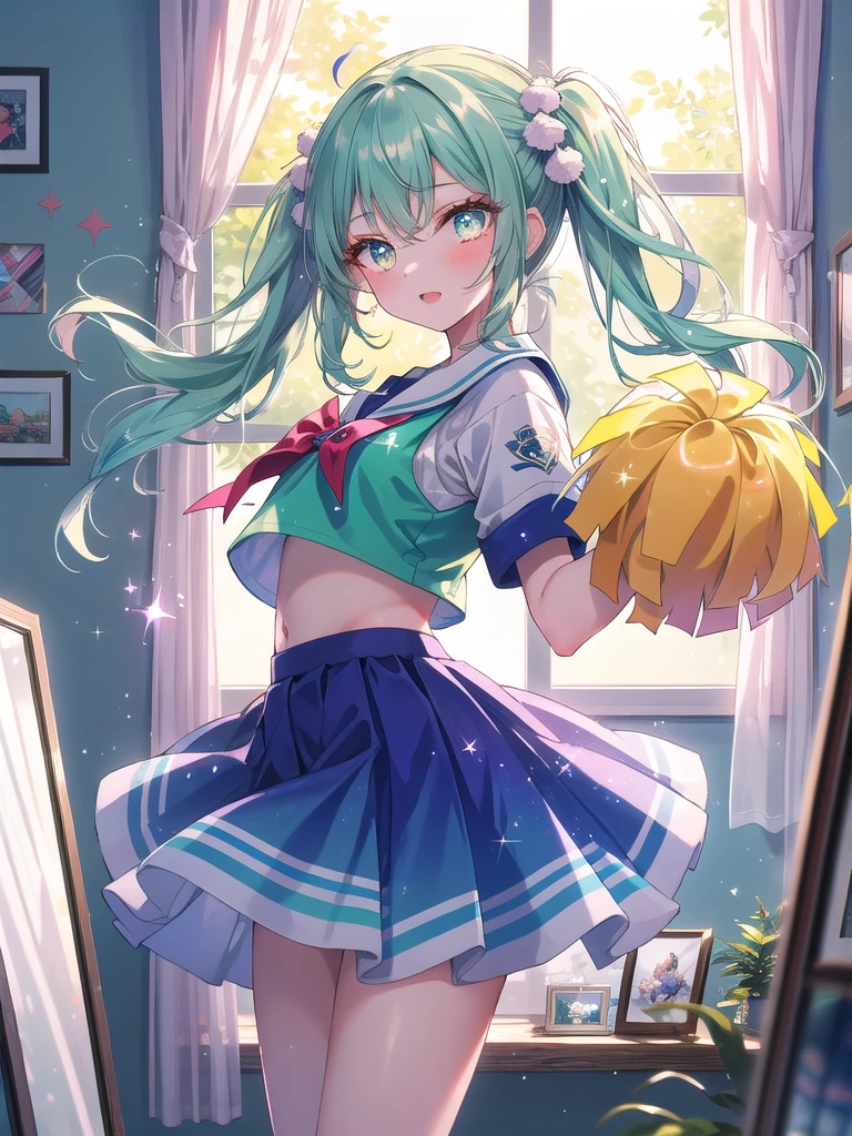 ((8k, Highest quality, masterpiece: 1.3)),Ultra-high resolution,(1 girl, alone), (Color changing eyes, Ultra-detailed, Expressive brilliance, Glitter, Glowing Eyes), Highly detailed eyes, Highly detailed face, Random Hair, ((pastel colour)),A cheerful young woman with pastel green hair styled into pigtails, standing in front of her full-length mirror in her room. The morning light fills the room, creating a fresh and lively atmosphere. She is dressed in a cheerleader cosplay, wearing a blue and white uniform with matching pom-poms. The camera captures her from a mid-angle as she practices her cheer routine, her expression full of energy and enthusiasm. Her room is decorated with sports posters, a small collection of trophies on a shelf, and a yoga mat rolled out in the corner, reflecting her active lifestyle.


