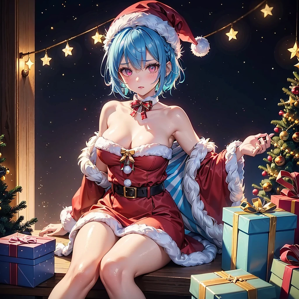 (Sky blue hair),(Braided short hair), (Pink Eyes),Fair skin) ,(whole body),(One Girl),(Gift boxes filling the background),(Santa Claus clothes),(Ahegao),Santa Claus hat,(Christmas Party),(masterpiece, Highest quality, Very detailed, Best Shadow), (Detailed Background), (Beautifully detailed face), High Contrast, (Best lighting, Very delicate and beautiful), ((Cinematic Light)), Hyper Detail,8k, Dramatic Light, Intricate details,night,Christmas tree