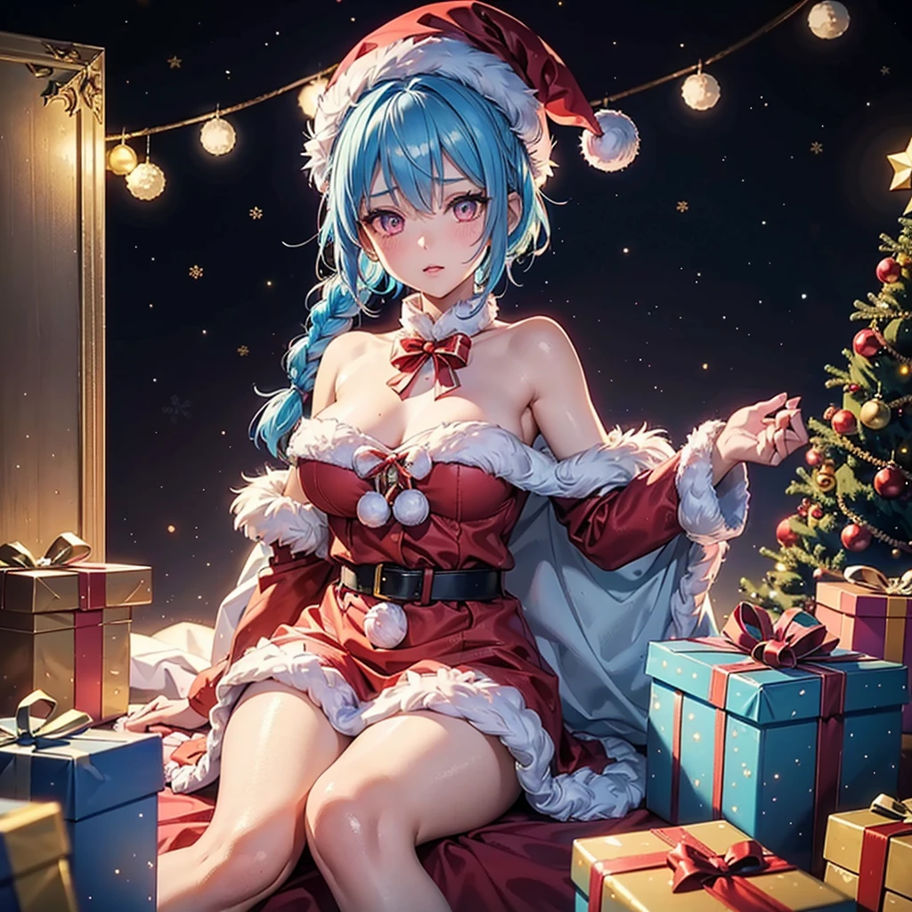 (Sky blue hair),(Braided short hair), (Pink Eyes),Fair skin) ,(whole body),(One Girl),(Gift boxes filling the background),(Santa Claus clothes),(Ahegao),Santa Claus hat,(Christmas Party),(masterpiece, Highest quality, Very detailed, Best Shadow), (Detailed Background), (Beautifully detailed face), High Contrast, (Best lighting, Very delicate and beautiful), ((Cinematic Light)), Hyper Detail,8k, Dramatic Light, Intricate details,night,Christmas tree