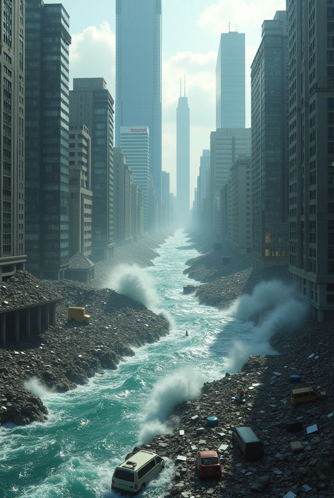 A city hit by a tsunami caused by an earthquake