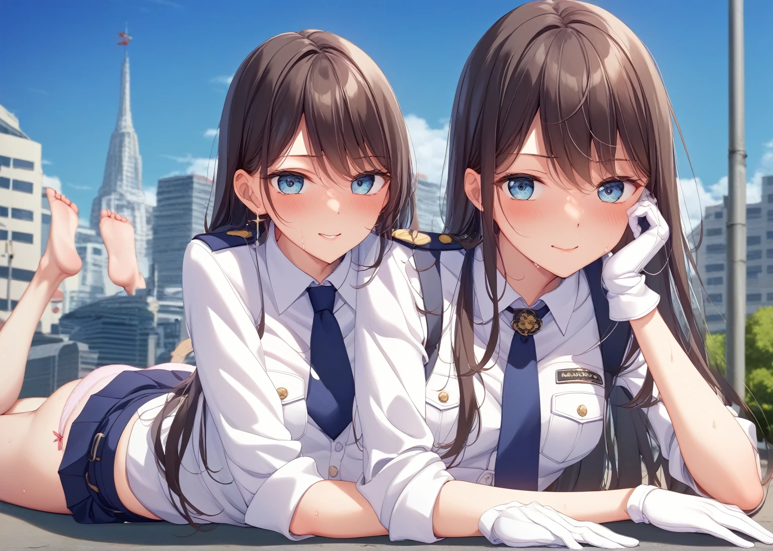 Highest quality、masterpiece、8k、Realistic、超High resolution、Very delicate and beautiful、High resolution、Cinema Lighting、medium range shooting、Perfect female body、Beautiful woman、Mature Woman、Beautiful Eyes、Cityscape、(Long Hair:1.8、Black Hair)、((female officer:1.4、紺色のfemale officer、female officerの制帽、Uniform Buttons、Navy blue tie、Jacket、White gloves))、Pencil Skirt、Stiletto heel pumps、badge、Epaulettes、((Are thin、Small breasts))、((Unbutton and flip up your shirt:1.4、Showing off your bra)), blush、Embarrassing、Sweat、Sigh、((Prone:1.5))、Park during the day、Panties、
