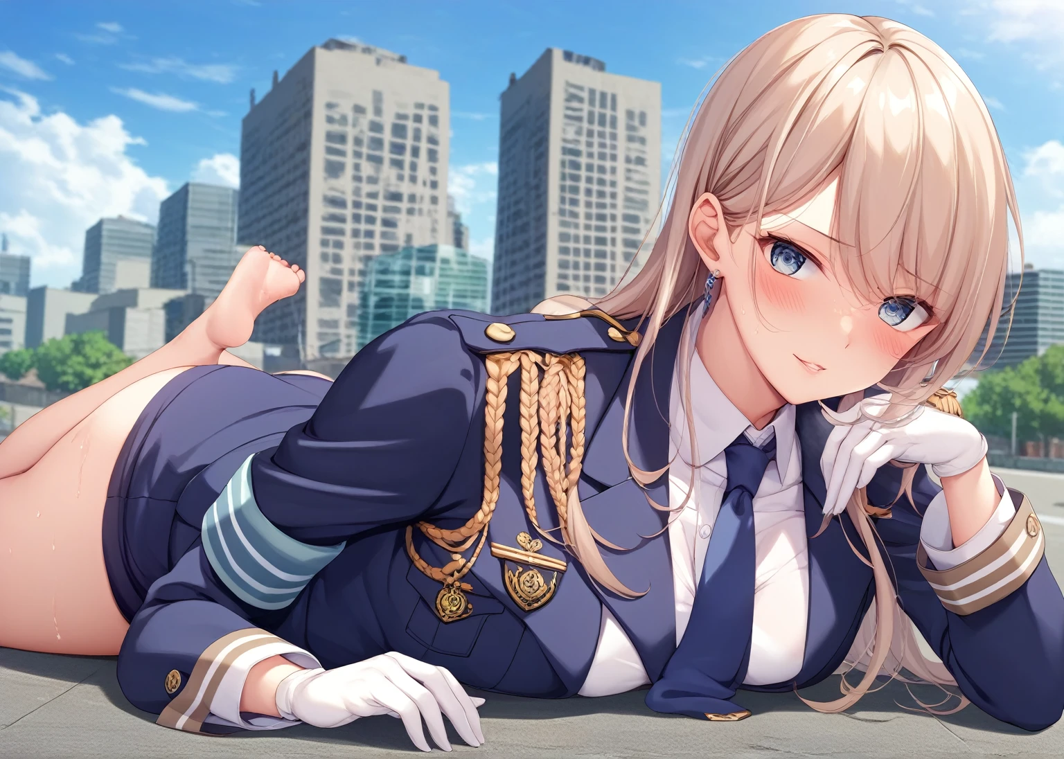 Highest quality、masterpiece、8k、Realistic、超High resolution、Very delicate and beautiful、High resolution、Cinema Lighting、medium range shooting、Perfect female body、Beautiful woman、Mature Woman、Beautiful Eyes、Cityscape、(Long Hair:1.8、Black Hair)、((female officer:1.4、紺色のfemale officer、female officerの制帽、Uniform Buttons、Navy blue tie、Jacket、White gloves))、Pencil Skirt、Stiletto heel pumps、badge、Epaulettes、((Are thin、Small breasts))、((Unbutton and flip up your shirt:1.4、Showing off your bra)), blush、Embarrassing、Sweat、Sigh、((Prone:1.5))、Park during the day、Panties、