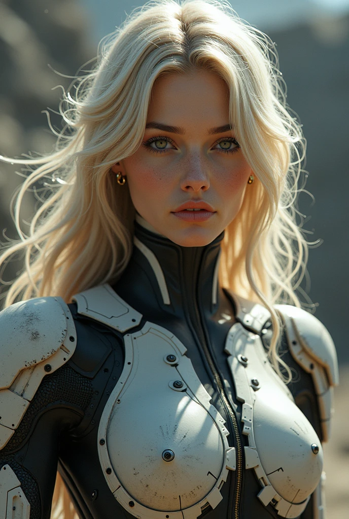 realistic highly detailed portrait of a female personification of the German Leopard 2 A7 tank, intricate mechanical design, beautiful facial features, piercing intelligent eyes, porcelain skin, flowing blonde hair, standing in a futuristic military landscape, dramatic lighting, cinematic composition, ultra-realistic, 8k, photorealistic, masterpiece