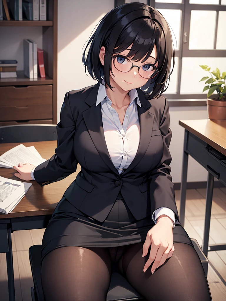 masterpiece, best quality, high definition images, atmospheric perspective, expressive eyes, perfect face, ultra detailed, solo, 1mature seductive woman while undressing, sitting on desk, alluring pose, sexy, black short bob hair, simple glasses, calm smile, shy, female teacher, business suit, jacket, blouse, pencil skirt, tight mini skirt, lifting skirt, spread legs, black panties, curvy, thighs, pantyhose, high heals, in study room,