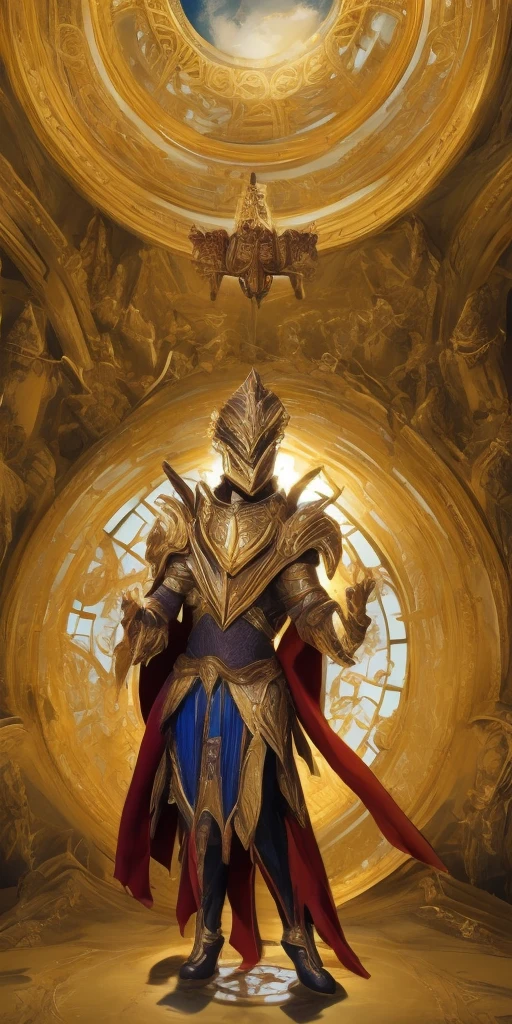 full body of paladin lady in ornate golden armor sitting on bed with open legs, black collar, pauldrons, breastplate, corset, golden glowing halo over head, short bob hair, GREEN HAIR, GREEN glowing eyes, bright pupils, eye focus, red cape, temple indoors, stained glass windows, night, moonlight, particles, light beam, chromatic aberration, (hands on hips, clenching fist 👊 ✊️)