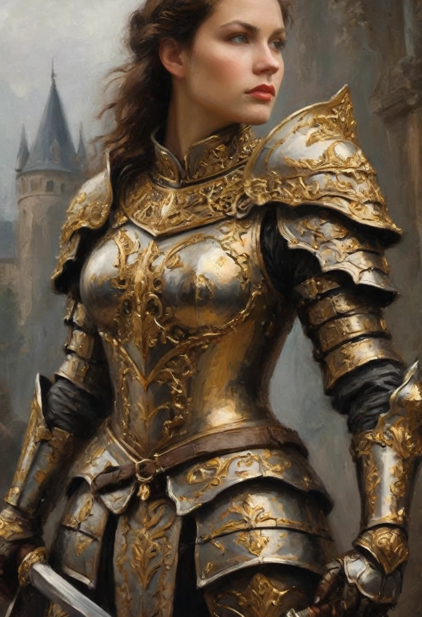 a close up of a woman in armor with a sword, stunning armor, wearing fantasy armor, very stylish fantasy armor, gold heavy armor. dramatic, beautiful armor, fantasy armor, black and gold armor, gothic armor, wearing ornate armor, intricate armour costumes, female armor, ornate gothic armor, ornate , wearing louis vuitton armor, girl in knight armor