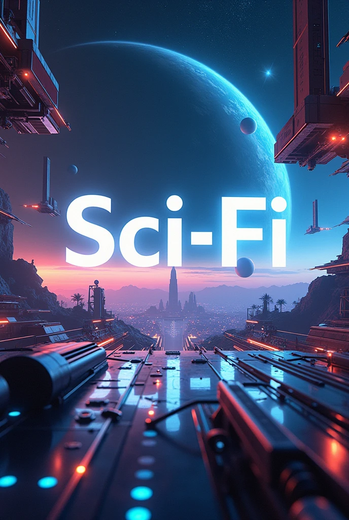 Craft a sci-fi themed poster for 'SeaArt Infinity,' with the word 'Sci-Fi' prominently displayed. The background should depict a futuristic scene with advanced technology, spaceships, or distant planets, using a sleek, metallic color palette and high-tech design elements.