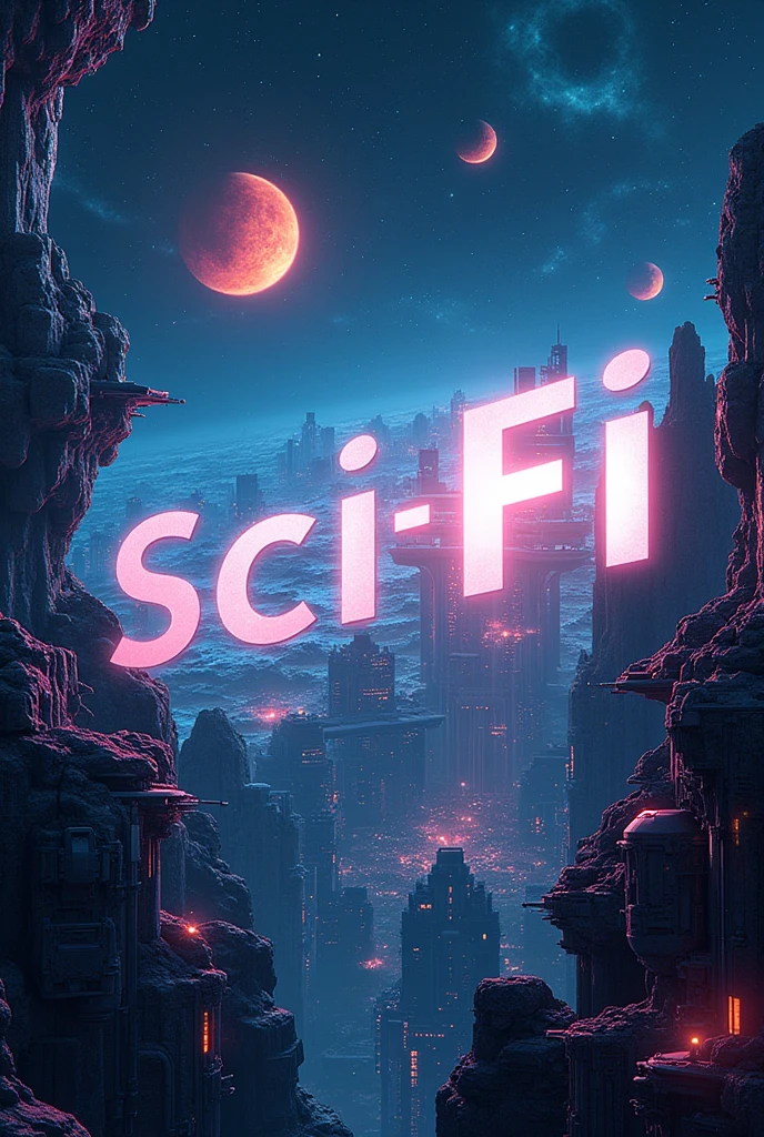 Craft a sci-fi themed poster for 'SeaArt Infinity,' with the word 'Sci-Fi' prominently displayed. The background should depict a futuristic scene with advanced technology, spaceships, or distant planets, using a sleek, metallic color palette and high-tech design elements.