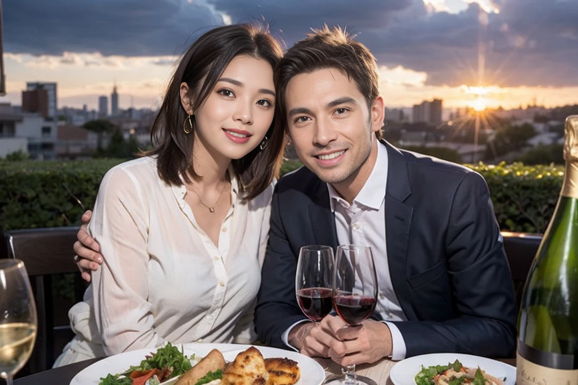 ((Highest quality、8k、masterpiece:1.3))、Slim couple、Model Couple、(Realistic, Intricate details:1.2), full-course dinner、wine 、Amazing view of the sunset sky and clouds、Bright smile、The beauty of a smile、Bright image、wineの美しさ, Beautiful Face, blue eyes, The light shines on your face, blush, short hair,Bright Face、 (Age 35), 38 years old, 赤wine 、Appetizers、Italian food、wine bottle、Champagne、スパークリングwine、Two beauties、Brown Hair、Shortcuts、Long sleeve shirt、dress、Two beautiful women