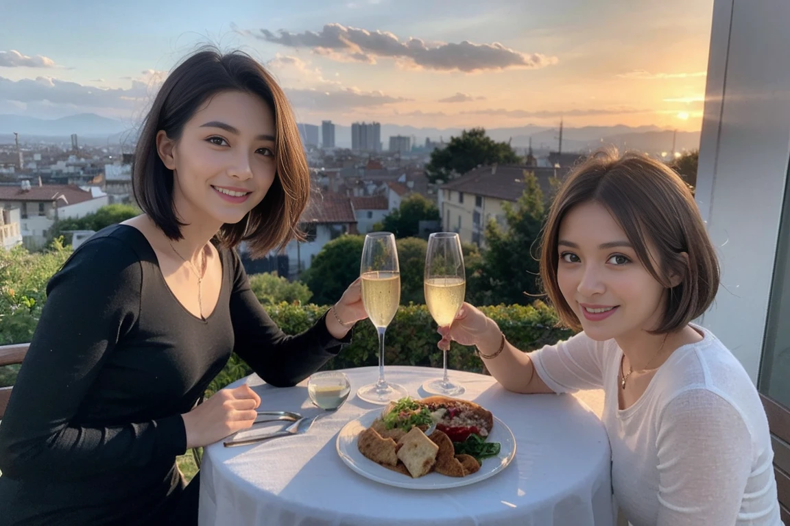 ((Highest quality、8k、masterpiece:1.3))、Slim couple、Model Couple、(Realistic, Intricate details:1.2), full-course dinner、wine 、Amazing view of the sunset sky and clouds、Bright smile、The beauty of a smile、Bright image、wineの美しさ, Beautiful Face, blue eyes, The light shines on your face, blush, short hair,Bright Face、 (Age 35), 38 years old, 赤wine 、Appetizers、Italian food、wine bottle、Champagne、スパークリングwine、Two beauties、Brown Hair、Shortcuts、Long sleeve shirt、dress、Two beautiful women