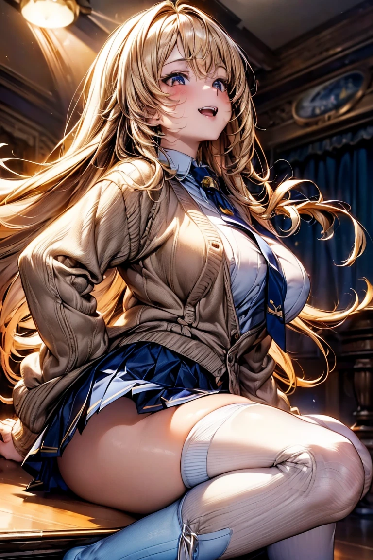 Browsing Caution,​(Highest quality, 8k, masterpiece:1.3,beautiful girl), ((arcade)),(Very detailed)Glowing Skin,(((Long Hair,blonde,Beautiful Hair))),(Perfect Anatomy, Anatomically correct, Very detailed肌),((Golden Eyes)),((Perfect Fingers,Five Fingers)),((Light blue collared shirt, Navy pleated mini skirt, socks, Navy tie, Light brown cardigan, White knee socks)),Pink Panties,  Knee-high socks,Knee-high socks on both feet,Double teeth,Big Breasts,Big Ass,look up,A slightly higher angle, Focus Only,Very smiling,Playing games,Dance