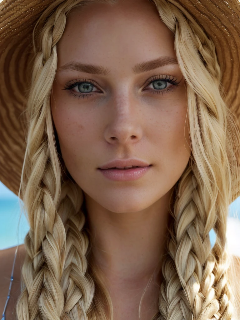 a close up of a woman with long braid hair wearing a straw hat, blonde braids and blue eyes, extremely beautiful face, white braids, detailed gorgeous face, detailed beautiful face, gorgeous detailed face, beautiful nordic woman, gorgeous face portrait, ultra beautiful face, perfect detailed face, beautiful detailed face, detailed perfect face, intricate facial features, breathtaking face, detailed and perfect face