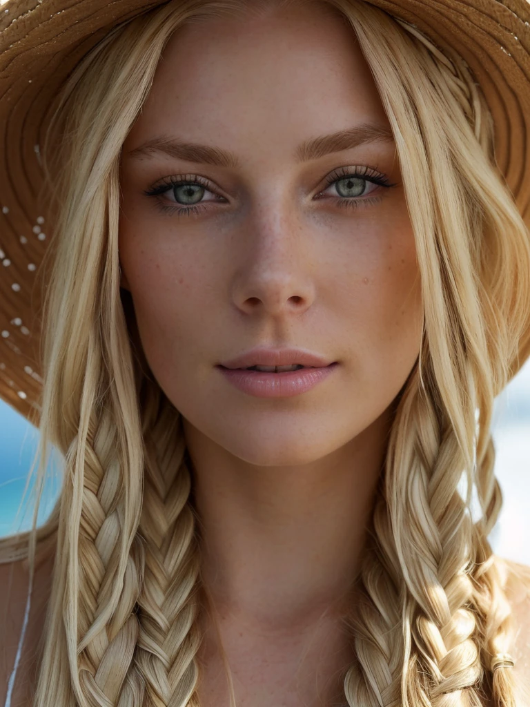 a close up of a woman with long braid hair wearing a straw hat, blonde braids and blue eyes, extremely beautiful face, white braids, detailed gorgeous face, detailed beautiful face, gorgeous detailed face, beautiful nordic woman, gorgeous face portrait, ultra beautiful face, perfect detailed face, beautiful detailed face, detailed perfect face, intricate facial features, breathtaking face, detailed and perfect face