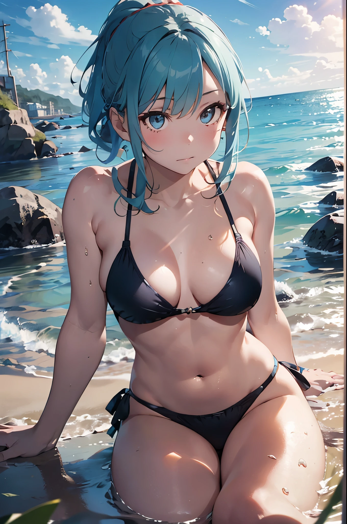 High resolution,topless、
One beautiful young woman,Light blue hair、ponytail、
(Soft Saturation:1.3), (Fair skin:1.2),
(ultra-Detailed Background, Detailed Background), Bokeh,
break&#39;Portrait of a smiling girl.,
When viewed from the front, The composition is symmetrical,
Looking straight at you with serious eyes,
break Swimwear, Red Bikini, Center of chest, 
Outdoor, Sea surface, null, sunlight,Summer beach, Sandy Beach,
Strong light, Front lighting, 
(Teen:1.3), (Cowboy Shot:1.2),
Front brake angle,
View your audience,
Dynamic pose,
sitting on the beach

Seaweed、Seaweed、Seaweed、Seaweed、Seaweed、Seaweed、Seaweed、