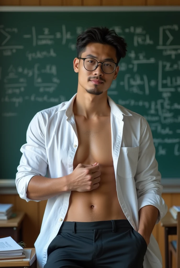 Asian man ,(hot,sexy,attractive:1.2),hunky male professor with hairy muscles,button-up shirt torn open,suit pants,full,thick,wear shirt, open chest shirt, showing off body, toned abs and full chest,big dick,pubic hairs, clean-shaven with neatly cut,sitting on classroom desk,confident gaze,classroom setting,blackboard with equations and formulas,vibrant chalk colors,academic books and papers scattered on desk,messy hair,dedicated to teaching,lewd smile,lots of student attention,dreamy atmosphere,serious yet approachable vibe,HDR,ultra-detailed,physically-based rendering,sharp focus,vivid colors,wear glasses,six pack ,sexy poses,one hand in front of groin, push groin up