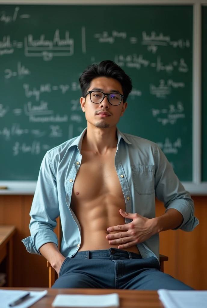Asian man ,(hot,sexy,attractive:1.2),hunky male professor with hairy muscles,button-up shirt torn open,suit pants,full,thick,wear shirt, open chest shirt, showing off body, toned abs and full chest,big dick,pubic hairs, clean-shaven with neatly cut,sitting on classroom desk,confident gaze,classroom setting,blackboard with equations and formulas,vibrant chalk colors,academic books and papers scattered on desk,messy hair,dedicated to teaching,lewd smile,lots of student attention,dreamy atmosphere,serious yet approachable vibe,HDR,ultra-detailed,physically-based rendering,sharp focus,vivid colors,wear glasses,six pack ,sexy poses,one hand in front of groin, push groin up