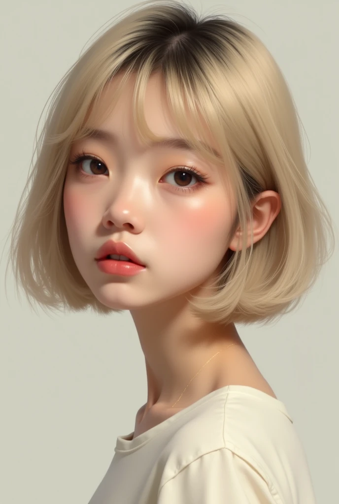 Round face, short bob hair, blonde hair, bangs, round eyes, straight nose, thin lips, pale Asian, realistic