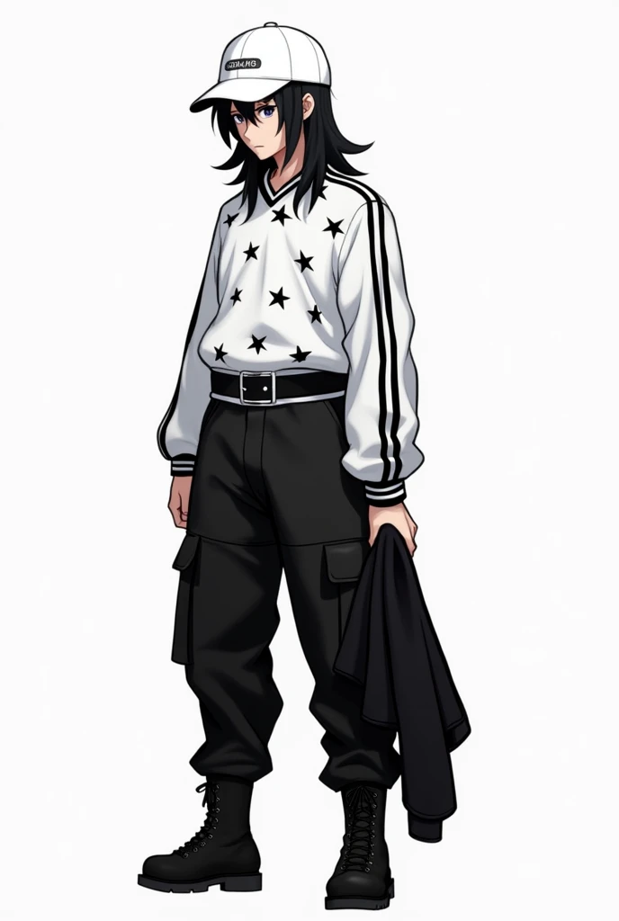 Drama Total, Black hair with a white cap, White shirt with black stars and 2 black stripes at the end of the sleeve, Black cargo pants and a black sweatshirt hanging from the waist, with black boots