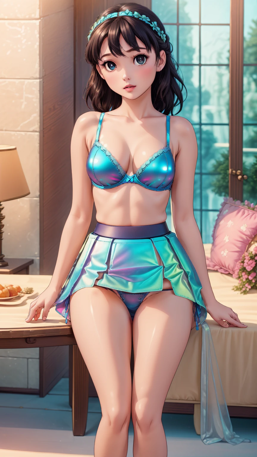 best quality, masterpiece, ultra detailed, high resolution, photo realistic, full photo of 1 girl, ((solo)), long hair, ((blue bright two piece bra:1.4)) and short skirt, feminine body, ((panties under the skirt:1.4)), sitting, bright light