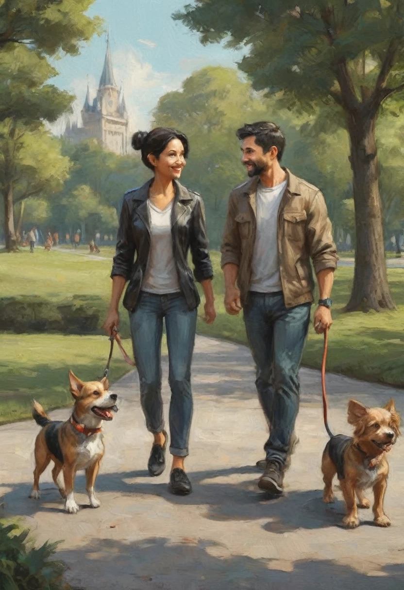 cartoon drawing of two dogs on a leash in a park, animated disney movie inking, published concept art, stylized linework, black and white illustration, official illustration, whole page illustration, by Istvan Banyai, concept art for a video game, by Maksimilijan Vanka, colorkey scene, game illustration, cartoon concept art