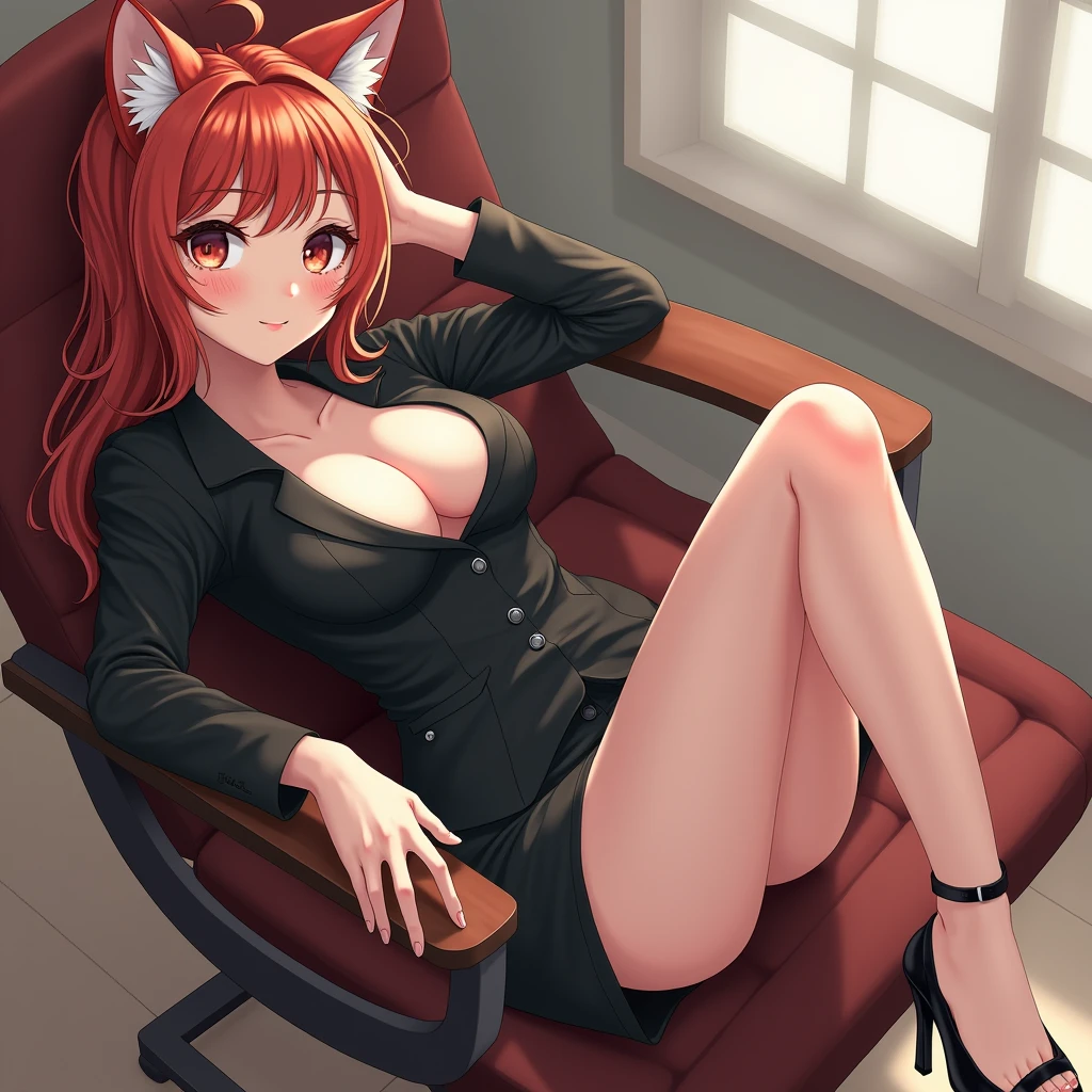 A girl with a melon seed face, fox eyes, and a charming expression. She was wearing black OL open collar professional attire on her upper body, with her breasts half naked outside due to being too big. She was wearing black silk and black high-heeled sandals on her lower body, half lying on a chair. Her legs spread wide open, and white liquid flowed out of her small hole