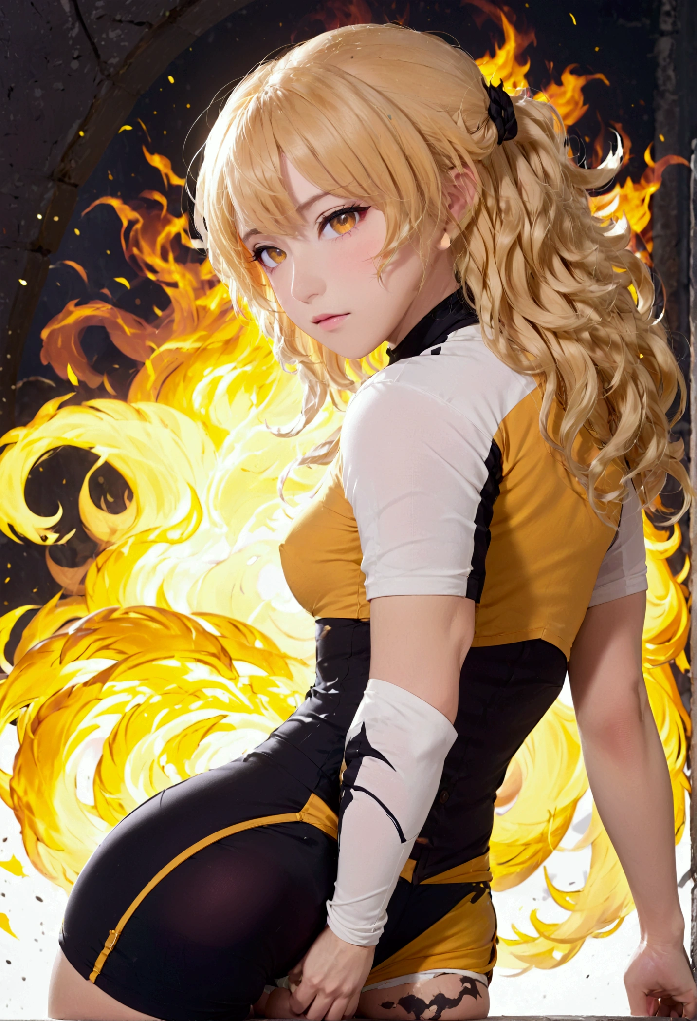 (promotional art), (Whole body), Yang Xiao Long of 'RWBY', aroused face, yellow hair, mystic fire all around, skin tight shorts, booty cheek shorts, 3/4 looking back pose, lean muscle, strong glutes, ass cheek peaks out from shorts, shorts are wedgied, underboob showing