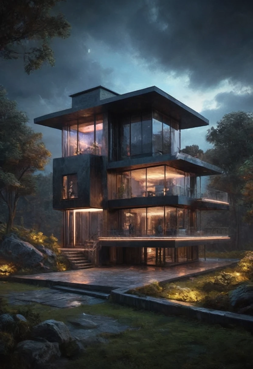 dark futuristic fantasy house, in space, sci-fi theme, landscape, neon lights, architectural visualiization, (RAW photo, real, best quality, masterpiece:1.2), detailed, (hyper realistic, photo-realistic:1.2), high quality, (dark lighting:1.2), perfect lighting
