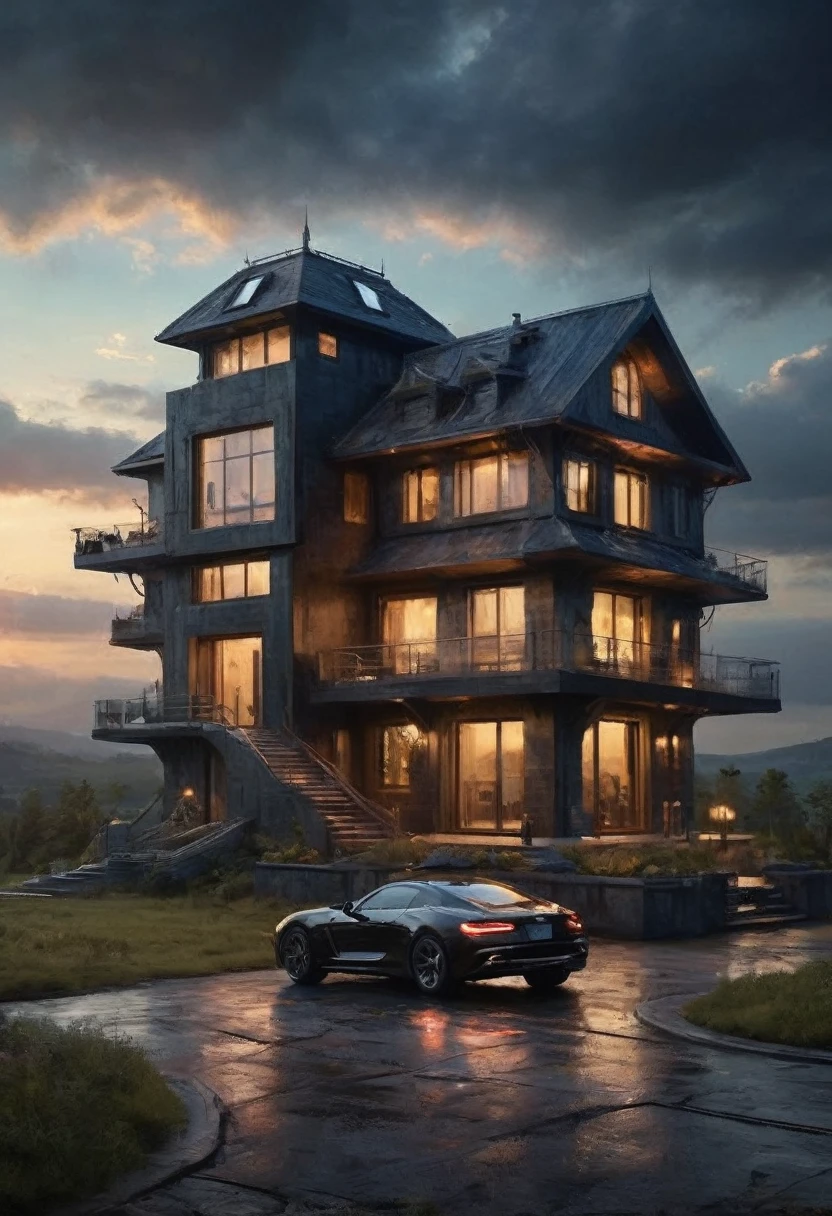 dark futuristic fantasy house, in space, sci-fi theme, landscape, neon lights, architectural visualiization, (RAW photo, real, best quality, masterpiece:1.2), detailed, (hyper realistic, photo-realistic:1.2), high quality, (dark lighting:1.2), perfect lighting