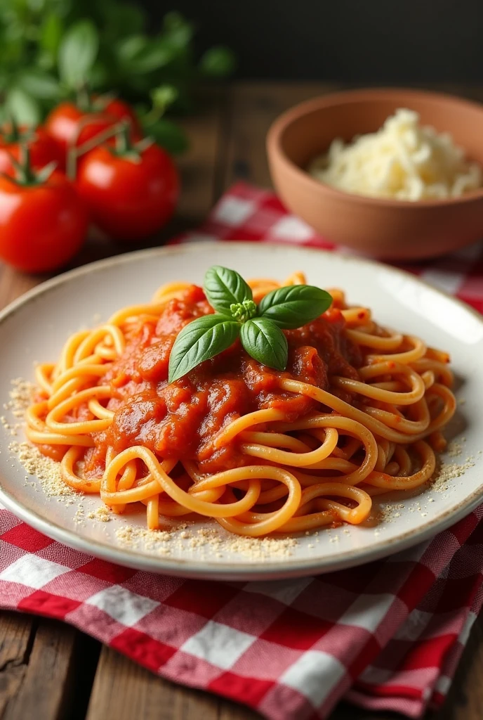 A plate of pasta on a table with a red and white cloth. More image naturalness.