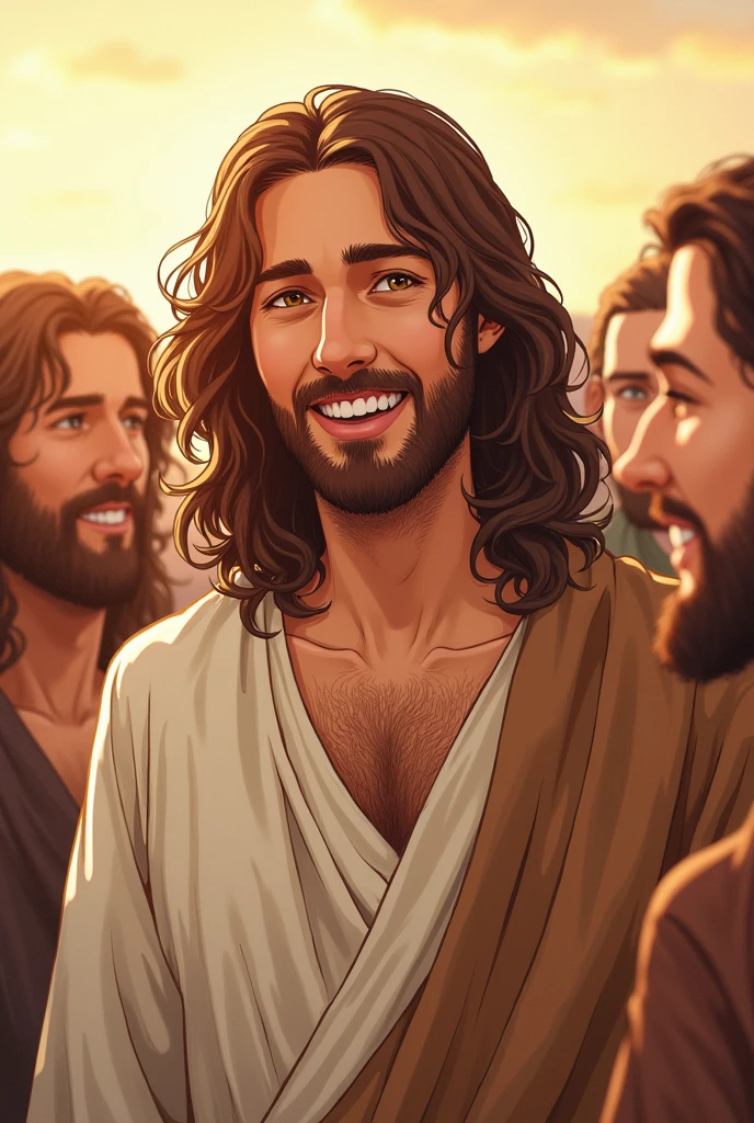 Young Man、A soft smile、Jesus、Wavy Long Hair、Chestnut Hair、Samaria 2000 years ago、Having a pleasant conversation with his disciples、Japanese subculture style illustrations、Everyone is friendly and having fun、relax、