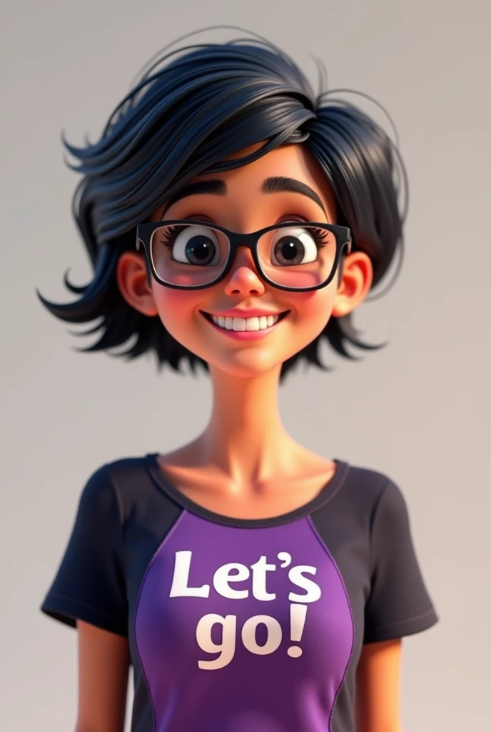 3D animation woman with short black hair, Pixar style, wearing glasses and a purple and black blouse with a phrase written in Portuguese, "Let's go!", smiling