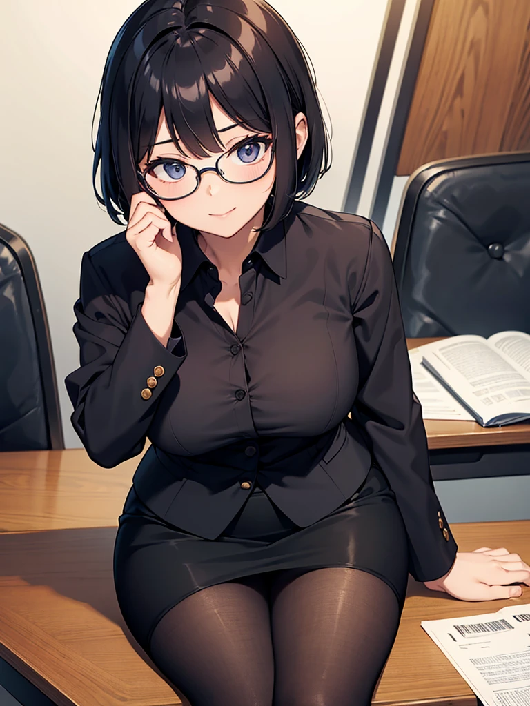 masterpiece, best quality, high definition images, atmospheric perspective, expressive eyes, perfect face, ultra detailed, solo,  1mature seductive woman while undressing, sitting on desk, alluring pose, sexy, black short bob hair, simple glasses, calm smile, shy, female teacher, business suit, jacket, blouse, pencil skirt, tight mini skirt, lifting skirt, spread legs, black panties, curvy, thighs, pantyhose, high heals,  in study room,