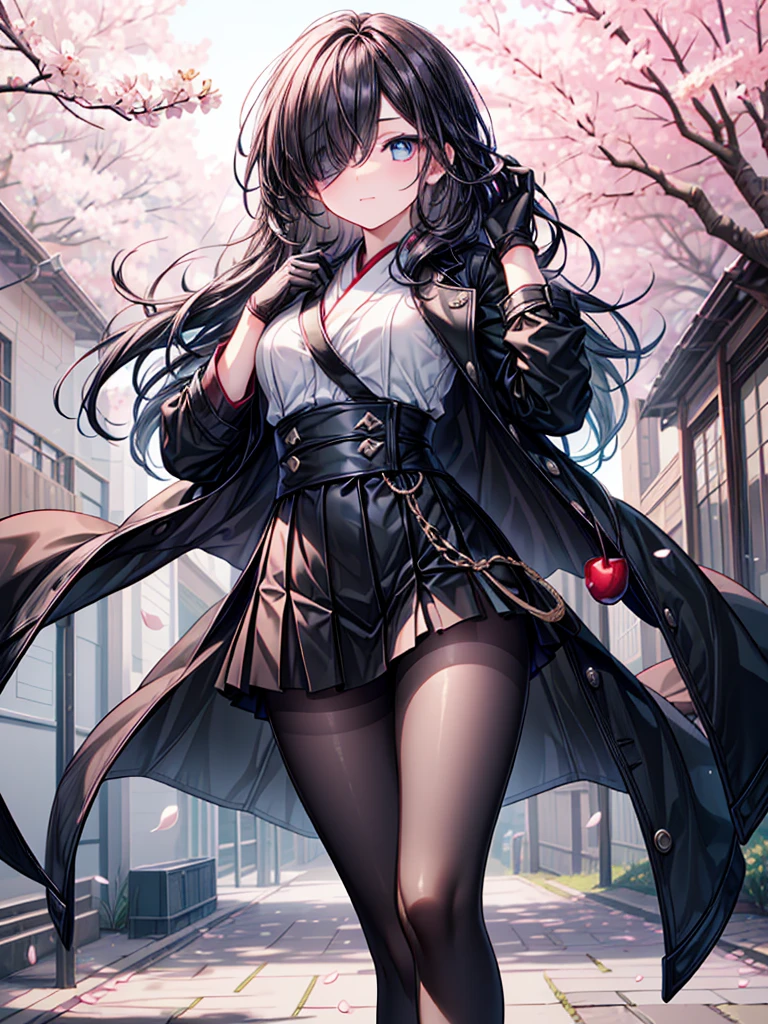 ((Oriental Project)),((masterpiece)),((Highest quality)),((Fascinating)),((alone)),((Deep blue pupils)),((Beautiful Blue Eyes)),((Wearing a black coat)),((Wearing a black mini skirt,She is wearing black tights under her skirt)),((Slim body)),((length, Shiny black hair)),((Her left eye is completely hidden by her bangs)),((Her hair is parted, and you can see her eyes through it)),((Wearing black gloves)),((hair over one eye,long hair)),((Running fingers through my hair)),((Complex background)),((Fluttering cherry blossoms))