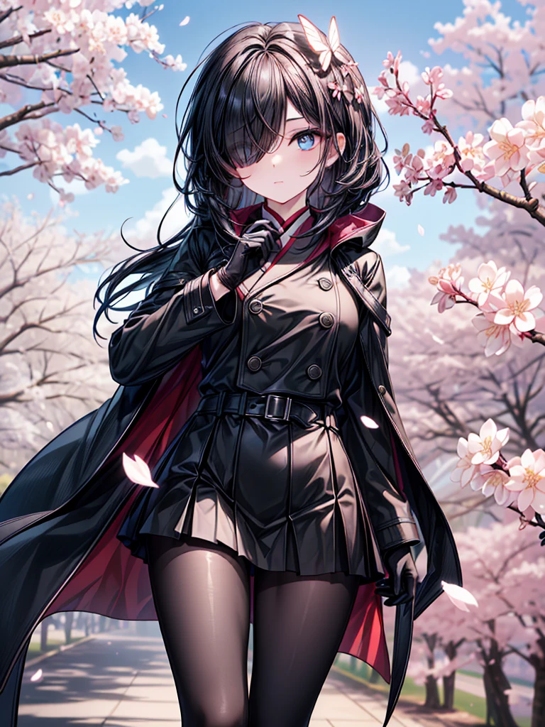 ((Oriental Project)),((masterpiece)),((Highest quality)),((Fascinating)),((alone)),((Deep blue pupils)),((Beautiful Blue Eyes)),((Wearing a black coat)),((Wearing a black mini skirt,She is wearing black tights under her skirt)),((Slim body)),((length, Shiny black hair)),((Her left eye is completely hidden by her bangs)),((Her hair is parted, and you can see her eyes through it)),((Wearing black gloves)),((hair over one eye,long hair)),((Running fingers through my hair)),((Complex background)),((Fluttering cherry blossoms))