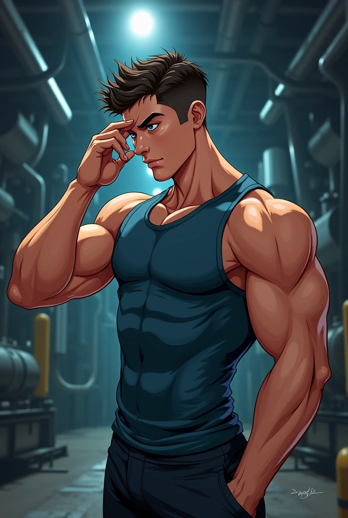 (1man),
muscular, brown eyes, casual clothes, handsome,[nerd:1.2],wearing a tight tank top, dynamic,wearing a tight short,  big bulge,(intricate details, Masterpiece, high quality, best quality)