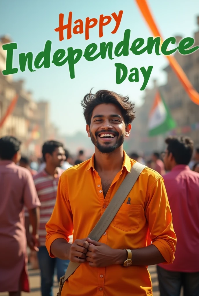 Generate a real-life image of a 21-year-old
boy joyfully celebrating Indian Independence Day. The individual is dressed in traditional Indian attire with the name 'gnaneshwar' prominently displayed on their clothing. The sky above them features the words 'Happy Independence Day' in a bold font. The background is alive with a crowd of people celebrating, creating a vibrant and patriotic atmosphere."
