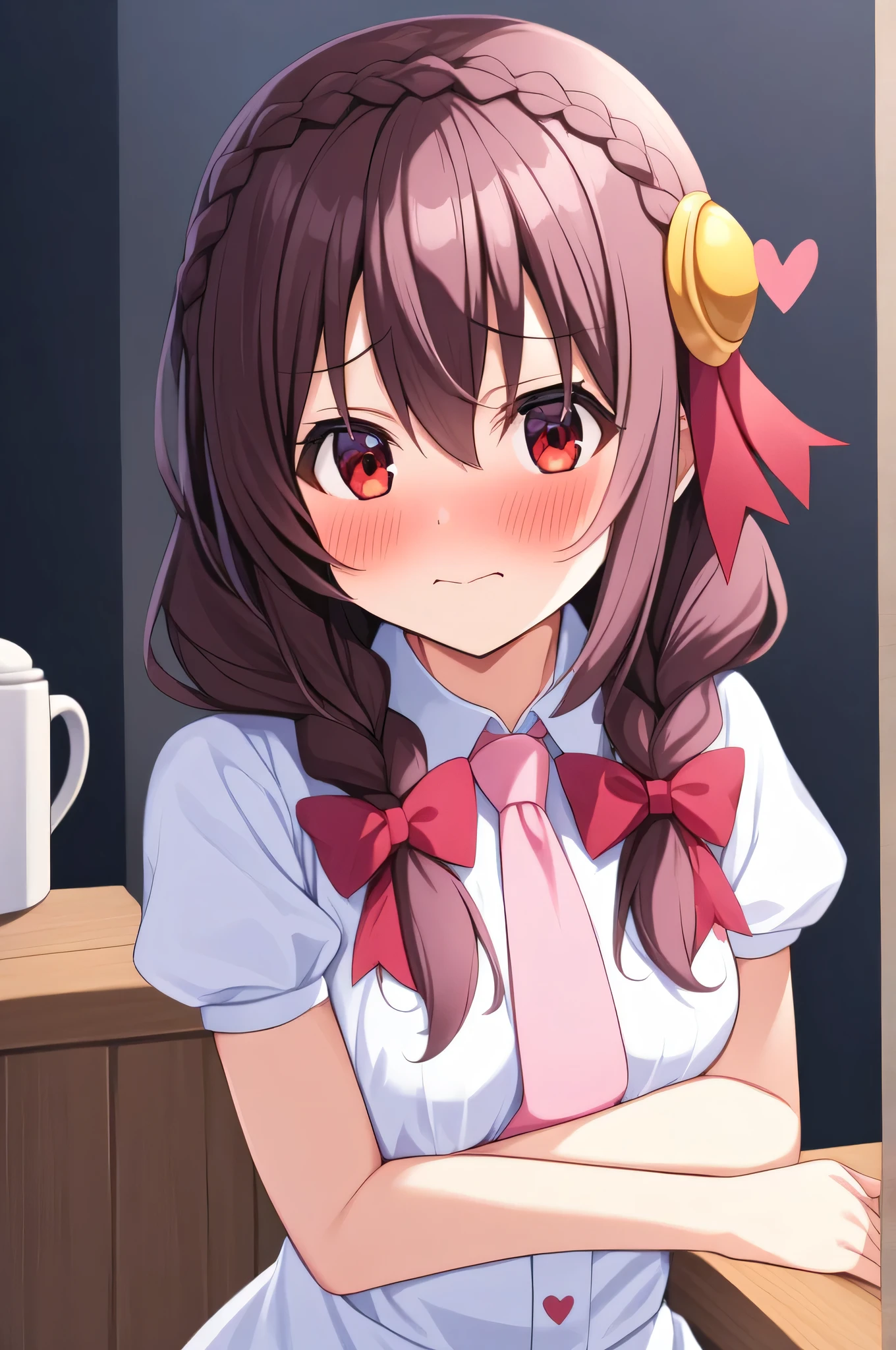 alone, One girl, Yunyun, (Embarrassed look:1.5)、 (blush:1.5)、Crown braids of the same color as your hair, Red Eyes、hair ornaments, Hair Ribbon, Pink tie, White dress, Cafe、heartの形のストローが2本の大きめのドリンクが机にある、heart、♥