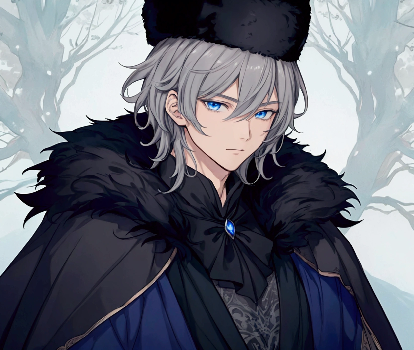 (Masterpiece), ((Highest Quality)),(Official Art),dark epic:1.2),(1 solo anime boy: 1.3). A regal 18 years old king with short gray hair, blue eyes, clad in a fur cape and black coat, wearing a Russian fur hat. Dark winter night, snowy landscape. Behind him is a ghostly black doll with glowing blue eyes. Detailed picture. Detailed eyes. Masculine jaws. Soft fairytale picture book Arthur Rackham. Colorful, best detailed ((super detailed)), (highly detailed 2D anime boy illustration), ((dark and beautiful))